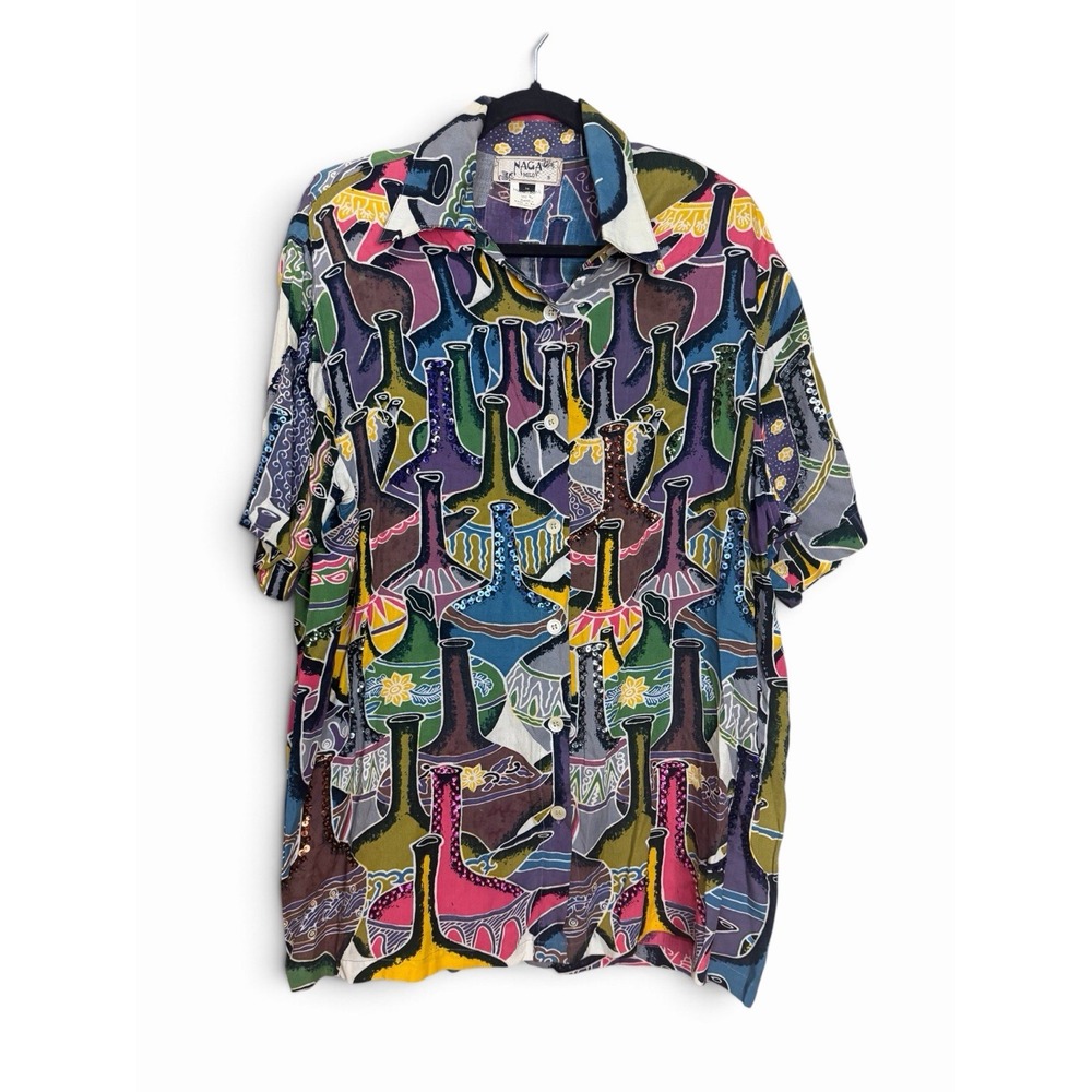 Vintage Naga Milo Shirt Mens M Bali Rayon Vase Print Sequin Beaded Button Up